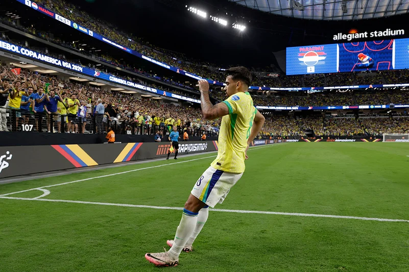 Lucas Paqueta celebrates after scoring Brazils fourth goal
